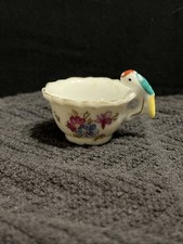 Miniature Porcelain Teacup With Parrot Handle - Floral Pink Print Gold Trim
