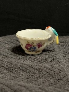 Miniature Porcelain Teacup With Parrot Handle - Floral Pink Print Gold Trim