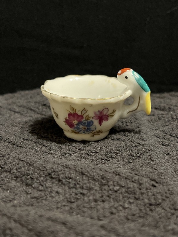 Miniature Porcelain Teacup With Parrot Handle - Floral Pink Print Gold Trim