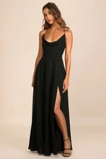 Lulus Women Romantically Speaking Cowl Lace-Up Maxi Dress Black  S