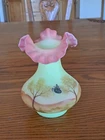 Fenton Burmese 1970's Glass Hand Painted Tree Design Ruffled Artist Signed Vase