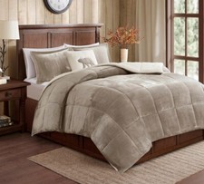 TAUPE SHERPA PLUSH BROWN 4pc Full Queen COMFORTER SET : FAUX FUR BEAR FLEECE