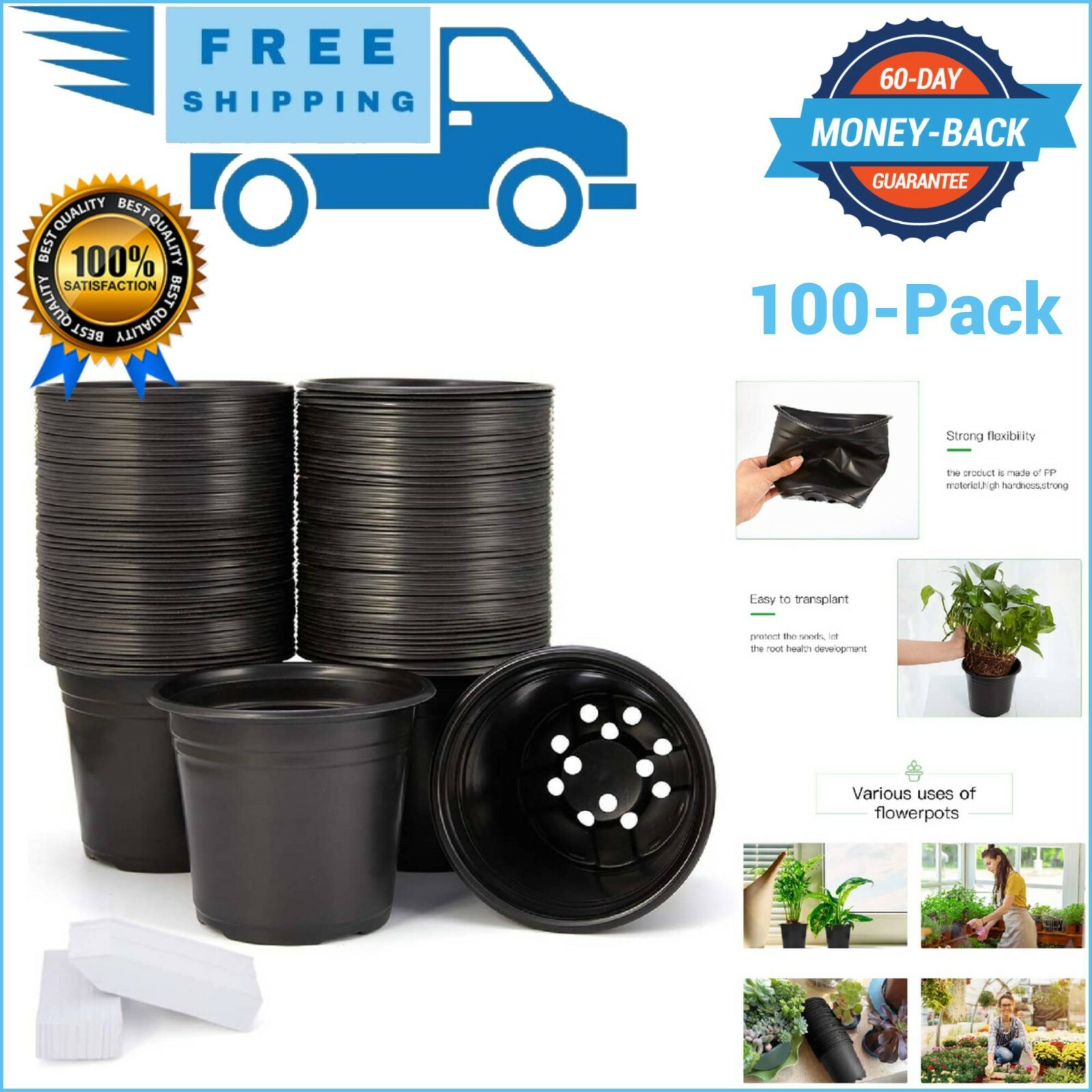 100 Pack Black Garden Nursery Plastic Pots 1/2Gallon Flower Plant