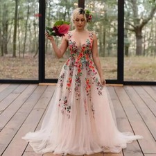 Blush Pink Floral Embroidered Wedding Dress Deep V-Neck Tulle Bridal Gown Train