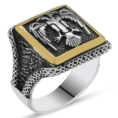 Solid 925 Sterling Silver Square Design Double Headed Eagle Men's Ring