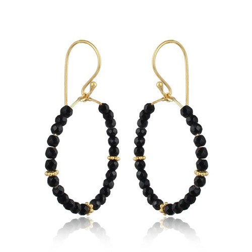 Black Onyx Beaded Circle Drop Hoop Earrings Gold Wire Sterling Silver Jewelry - Picture 3 of 6