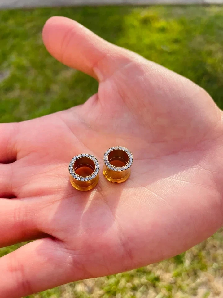 Tampões de orelha de ouro maciço 14k duplo alargado medidores túneis de carne com diamante genuíno - Imagem 2 de 4