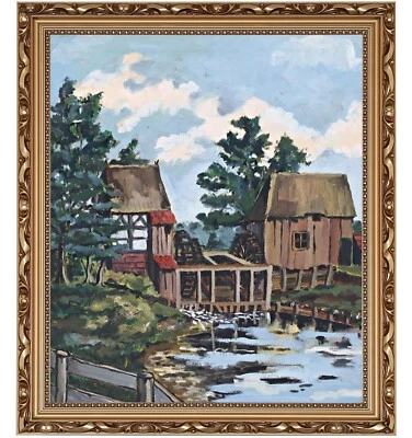 Tableau Huile Paysage Moulin au Bord de la Rivière Ferme Encadré Non signé - Photo 1/4