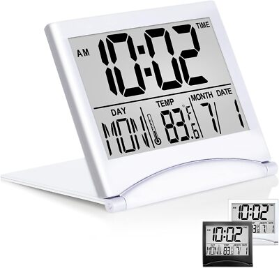 Betus Digital Travel Alarm Clock - Foldable LCD Clock Compact Desk Clock Silver