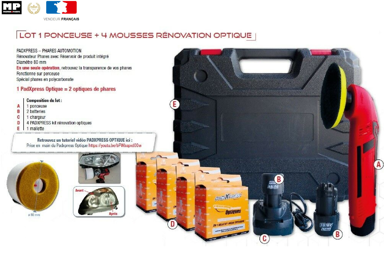 Rénovation optique phare à technologie auto-injectée, pack ponceuse et 4 mousses de lustrage