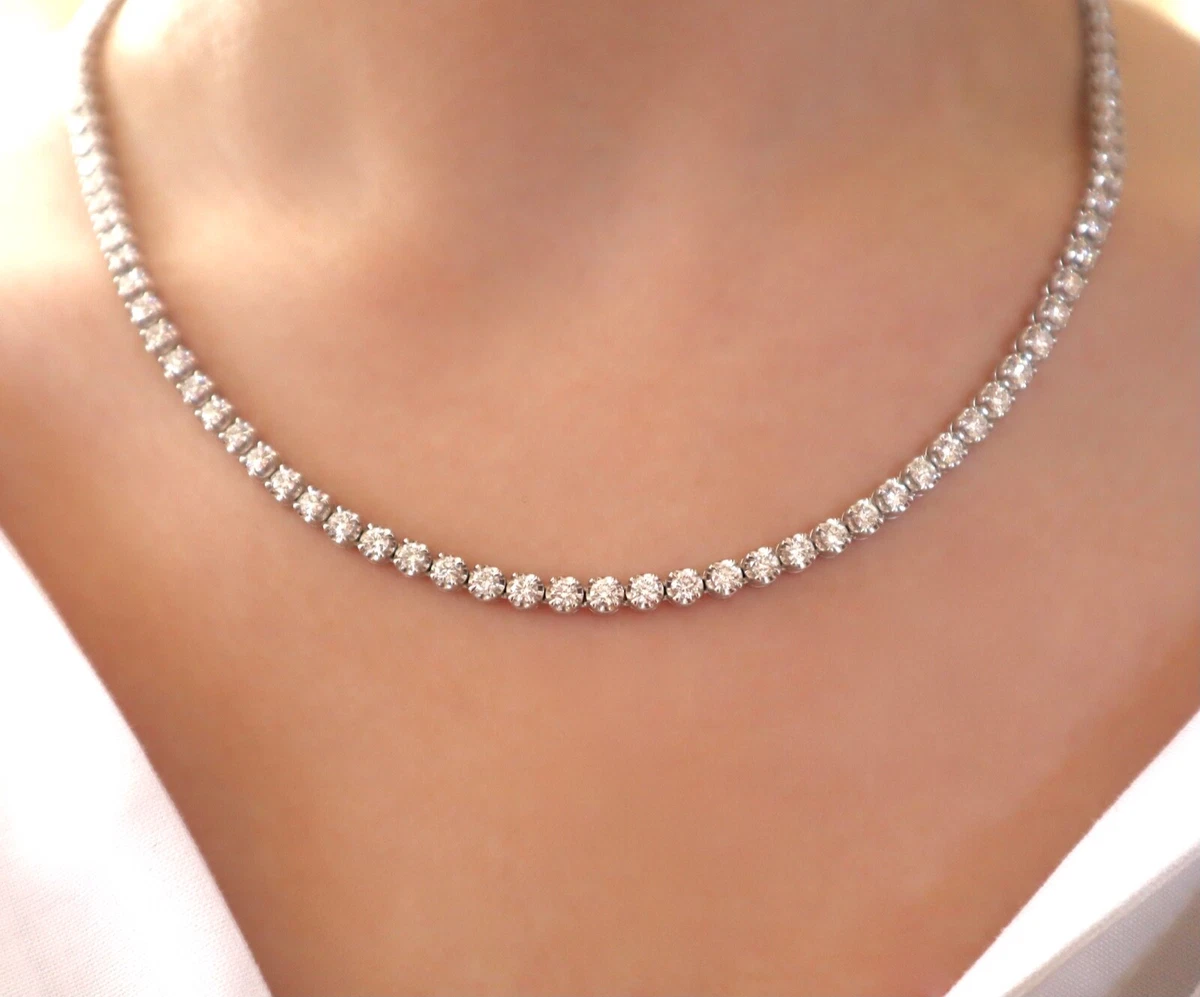 Classic Round Diamond Non Graduated Tennis Necklace 14K White Gold 10 Carats