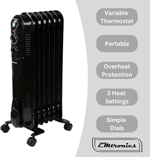 7 Fin Electric Portable Oil Filled Radiator 1500W Heater - Black