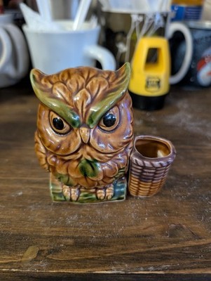 Vintage Ceramic Owl Toothpick Holder Brown Glaze 1970s Retro