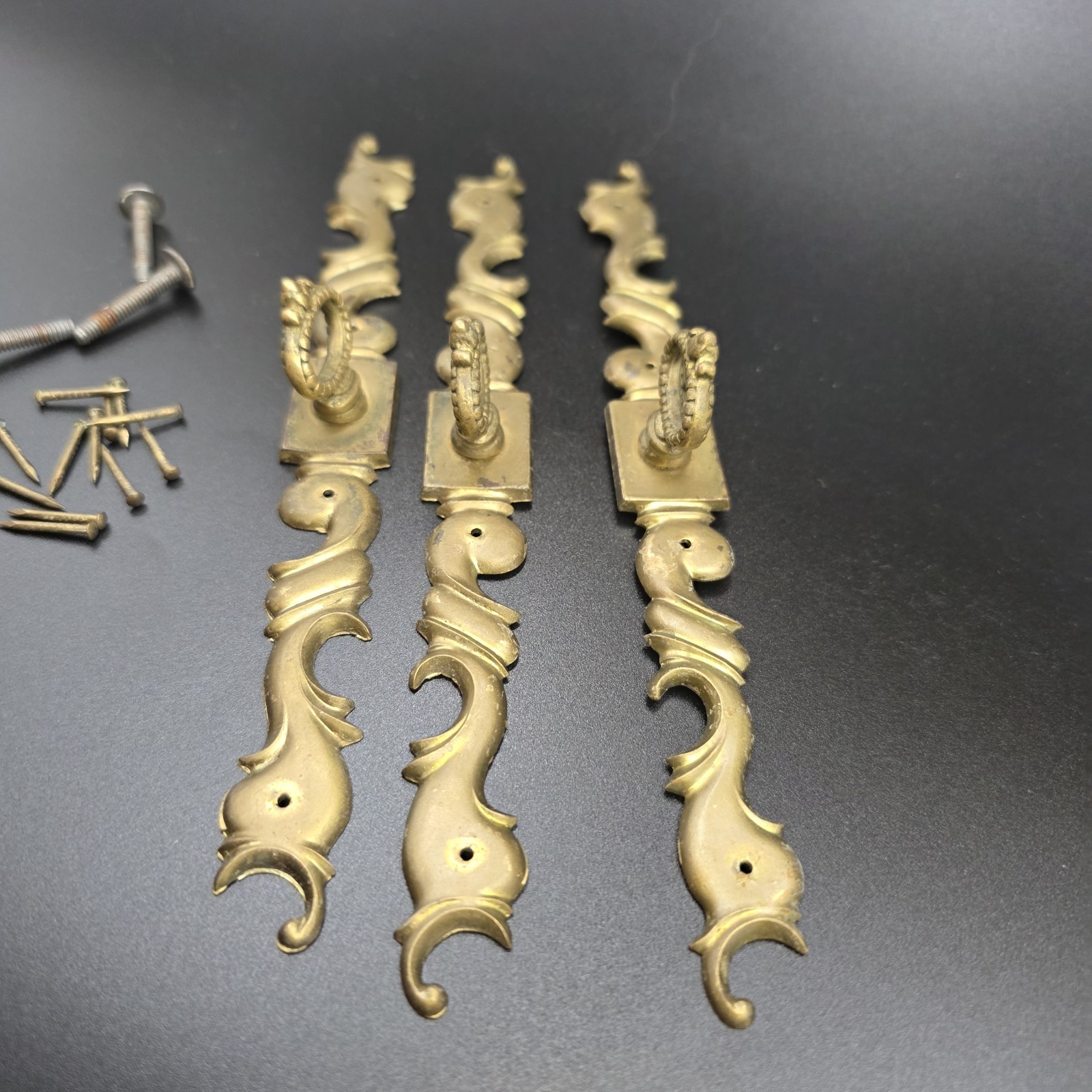 Vintage Ornate Brass Drawer Pulls Set of 3 ~ 7.75" Escutcheon Plates Ring Handle