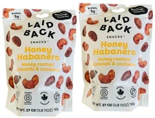 2-PACK LAID BACK Honey Habanero Honey Coated almonds & cashew, 27 Ounce each Bag