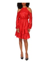 MICHAEL MICHAEL KORS Womens Red Elastic Waist Back Long Sleeve Dress S