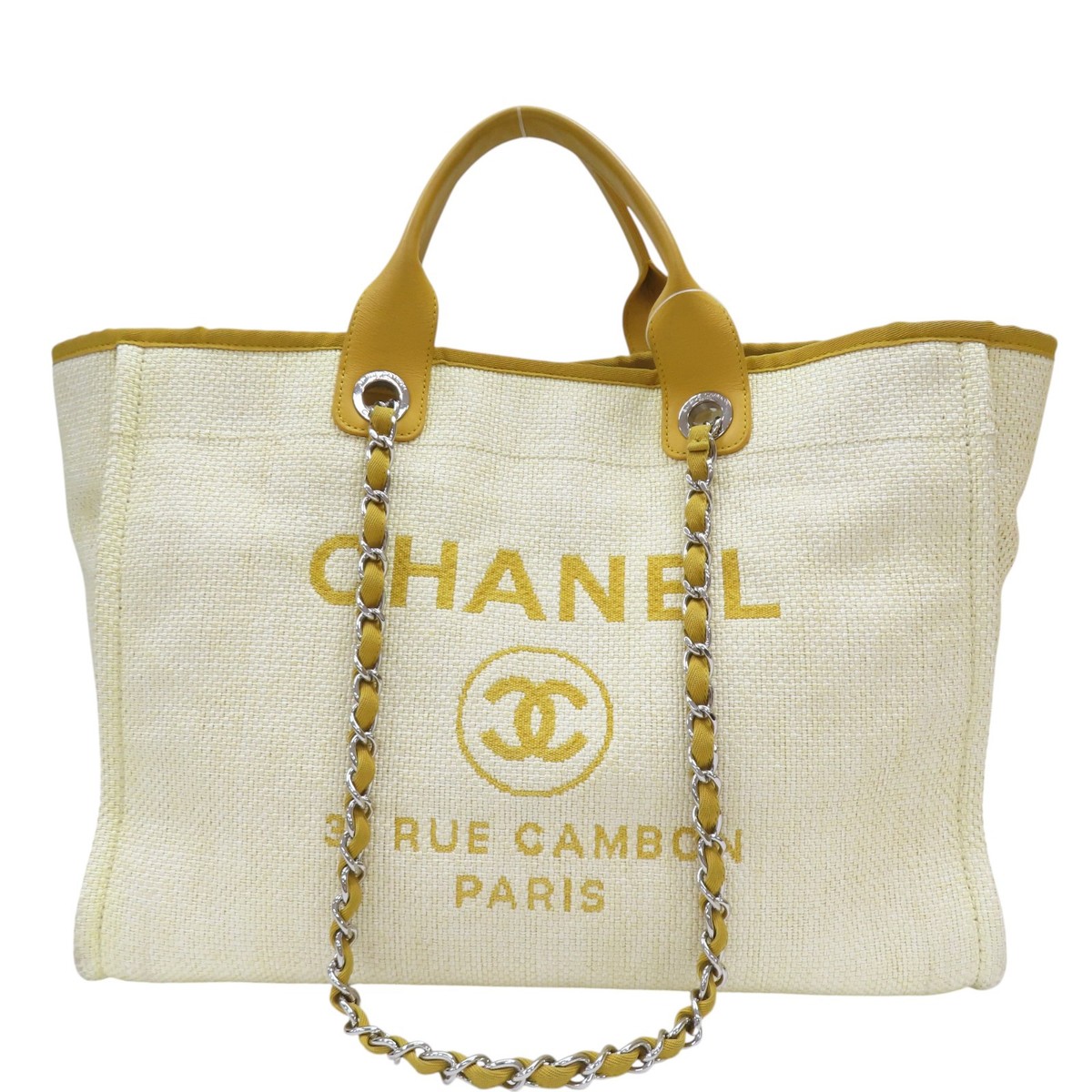 CHANEL Deauville Tote Shoulder Bag Yellow Woven Straw Raffia