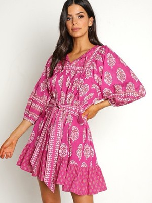 Cleobella Mini Dress Pink Magdalena Mix Block Print V Neck Waist Tie Boho Small