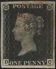 SG2 1d Black plate 1A fine impression, has 4 large margins - extra fine