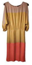 bcbg maxazria dress Pleated Elastic Waist Green Tan Peach Lined Womens XS VTG