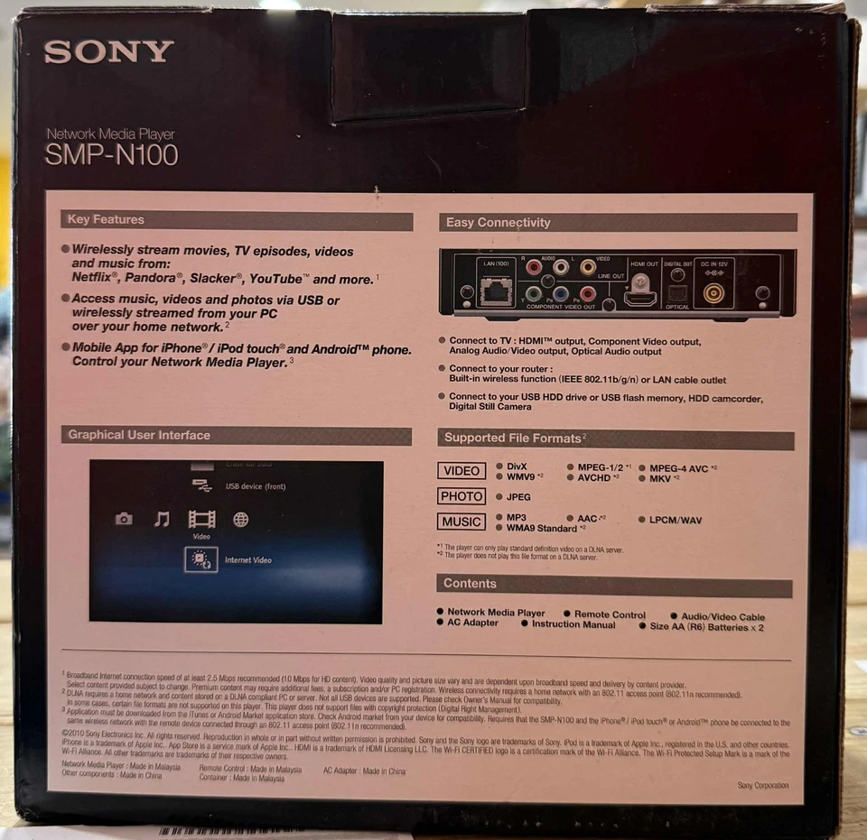 NEW - Sony SMP-N100 Network Media Player Wi-Fi With Remote and Cables - Image 3 of 4