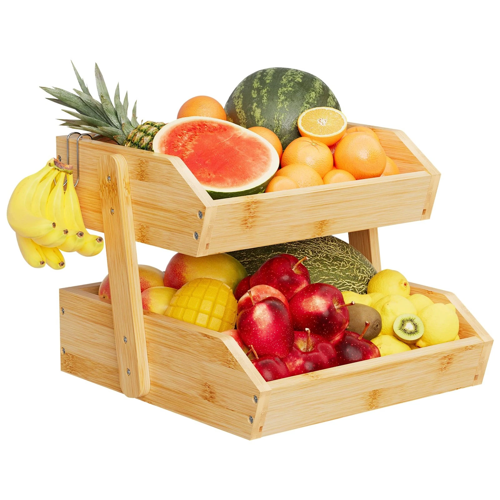 Bamboo 2 Tier Fruit Basket for Kitchen Counter, Large Capacity Fruit Storage ...