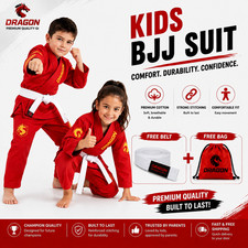 Kids BJJ Gi Brazilian Jiu Jitsu Boys Girls Uniform Red with White Belt & Bag