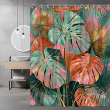 Tropical Palm Leaf Shower Curtain, Pink Green Coral Botanical Print