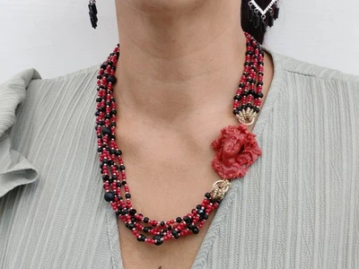 Collier Femme Corail Rouge Camée Multifil Élegant Onyx Fait En Italie - Photo 1/4