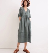 Madewell Marianna Puff-Sleeve Midi Dress Size M faded shale sage prairie earthy