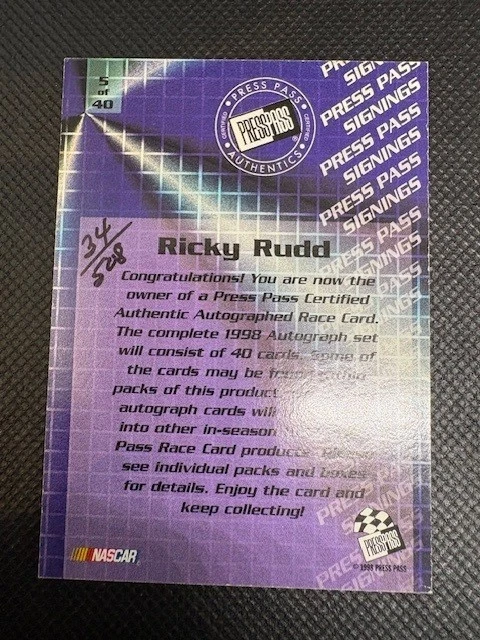 RICKY RUDD: 1998 PRESS PASS STEALTH PRESS PASS SIGNINGS /508 - Image 2 of 2