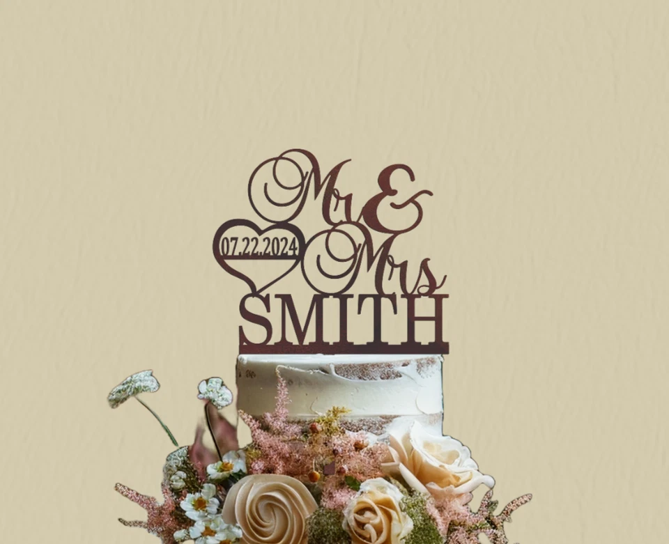 Personalizado Sr. y Sra Apellido/fecha Tradicional Corazón Pastel Topper para Boda Foto 2 de 4