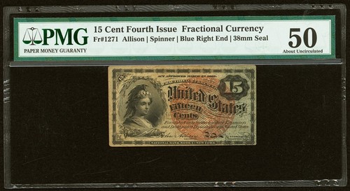 Fr. 1271 US Fractional Currency - 15c Forth Issue - Blue Right End - PMG AU50