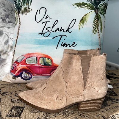 Nine West Cedar Beige Suede Leather Western Ankle Boots Size 6.5