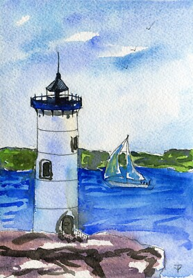 #ad #ad WATERCOLOR painting ORIGINAL art Portsmouth Harbor Lighthouse ocean boat artwork $25.08