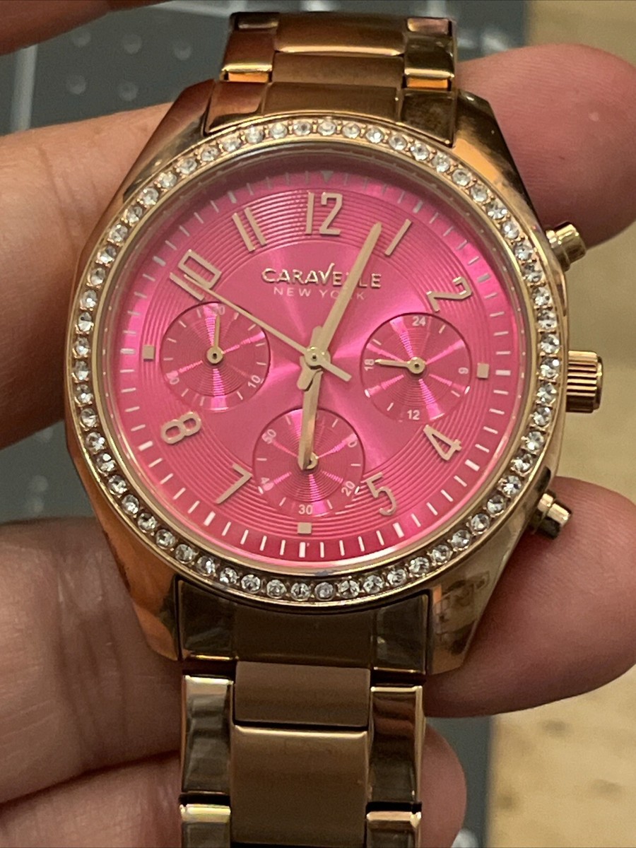 Caravelle New York Lady Pink Dial Crystal Accent Rose Steel Watch