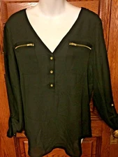 MAURICES Black Flowy BLOUSE TOP with Gold Zipper Accents & Roll Tab Sleeves Sz M