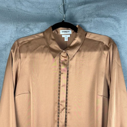 Express Portofino Shirt Womens Large Brown Slim Lace Long Sleeve Career Business - Picture 2 of 15