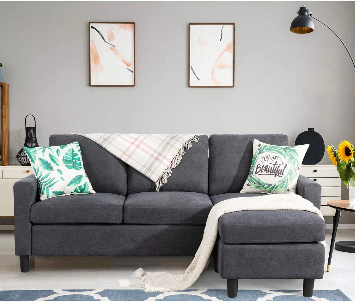 Modern Convertible Dark Grey Sectional Sofa Couch Modern Fabric L