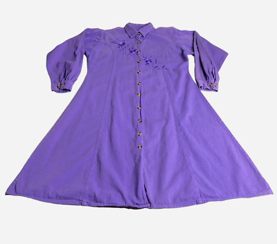 Vintage 90s Denim Jazz Maxi Dress Womens L Purple Embroidered Cottagecore Modest