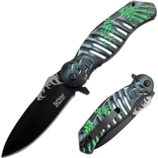 8.5" DARK FANTASY BLADES SKELETON GRAPHIC SPRING ASSISTED FOLDING KNIFE GREEN