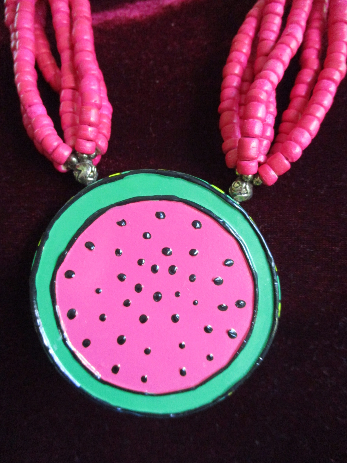 Pink Painted Wood Bead Watermelon Fruit Necklace Made… Gem