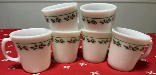 6 Vtg Corning Holly Days Milk Glass  Coffee Cups Christmas Mugs
