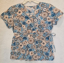 Peaches Small Scrub Top W Side Tie w Teal Brown White Tan Circle Flowers Nurse