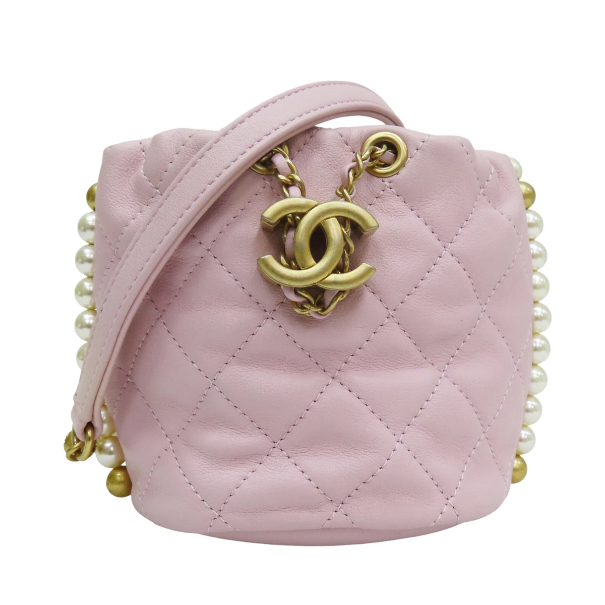 CHANEL Pink Mini About Pearls Drawstring Bucket Bag Quilted