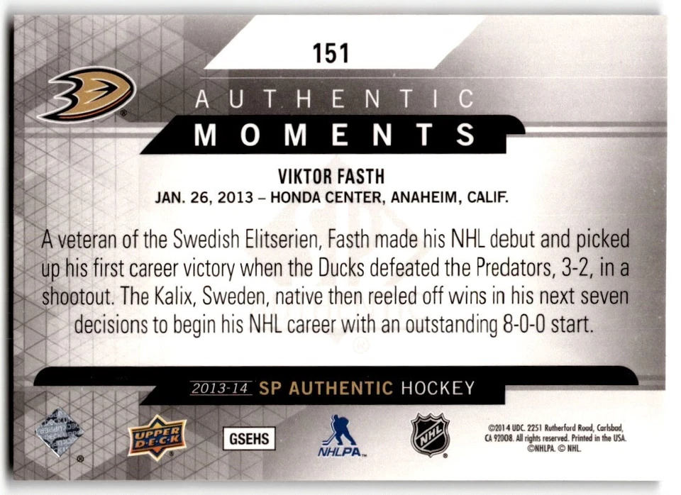2013-14 SP Authentic Moments Viktor Fasth Rookie #151 Anaheim Ducks - Image 2 of 2