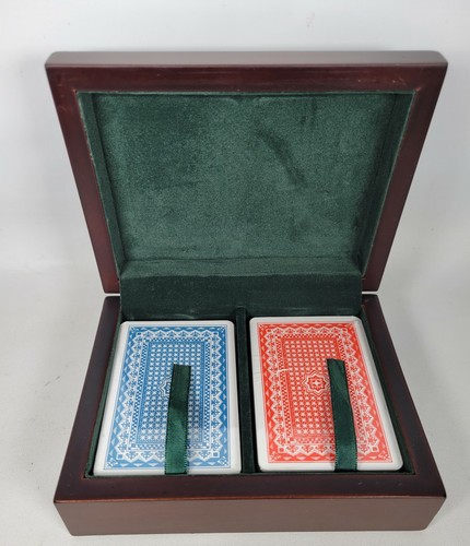 1997 Massivholzkiste Messing Intarsien grün Filz mit 2 Decks Made in Korea - Bild 2 von 9