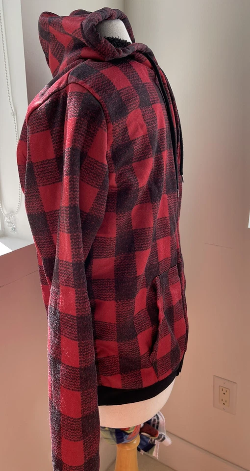 OPEN TRAILS MENS VTG RED BLACK CHECK HOODIE ZIPPER SHERPA JACKET MEDIUM - Image 3 of 4