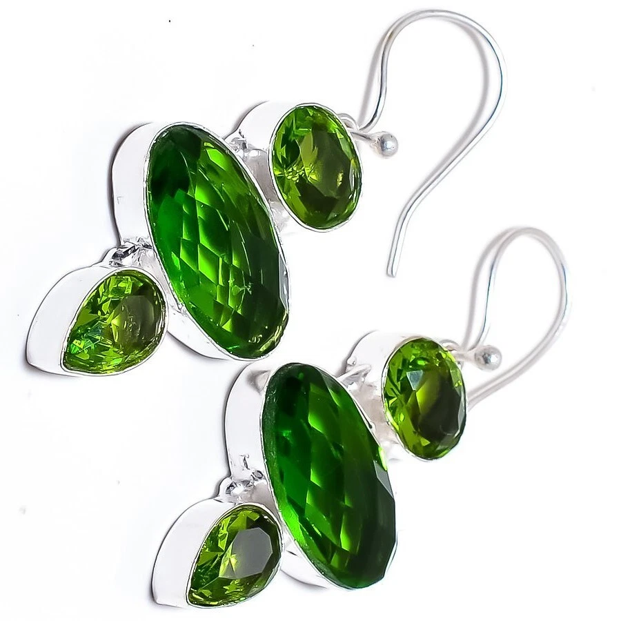 Green Peridot Gemstone 925 Sterling Silver Ethnic Handmade Jewelry Earrings - Image 3 of 4