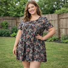 Loft Plus Womens Floral Print Short Smocked Ruffle Sleeve Dress Size 14 Boho 